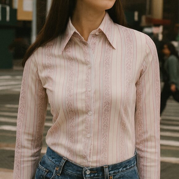 Vintage 70s Huk-A-Poo Shirt | Pink Striped Floral Button Down Blouse - Picture 2 of 8